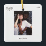 First Christmas Engaged | Minimal Typewriter Photo Ceramic Ornament<br><div class="desc">Easily personalise this minimal and stylish holiday Christmas tree ceramic ornament featuring typewriter grunge typography and a clean, simple and minimalist white snowfall frame. Add your photo, names, custom text and Christmas year. A cool, simple, sophisticated and contemporary Christmas design in modern black and white colours, customisable in any colour...</div>