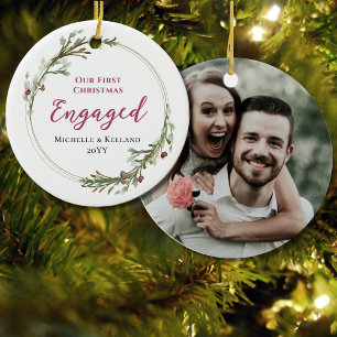 First Christmas Engaged Minimal Wreath Photo Ceramic Tree Decoration