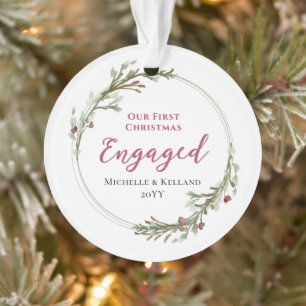 First Christmas Engaged Minimal Wreath Photo Ornament