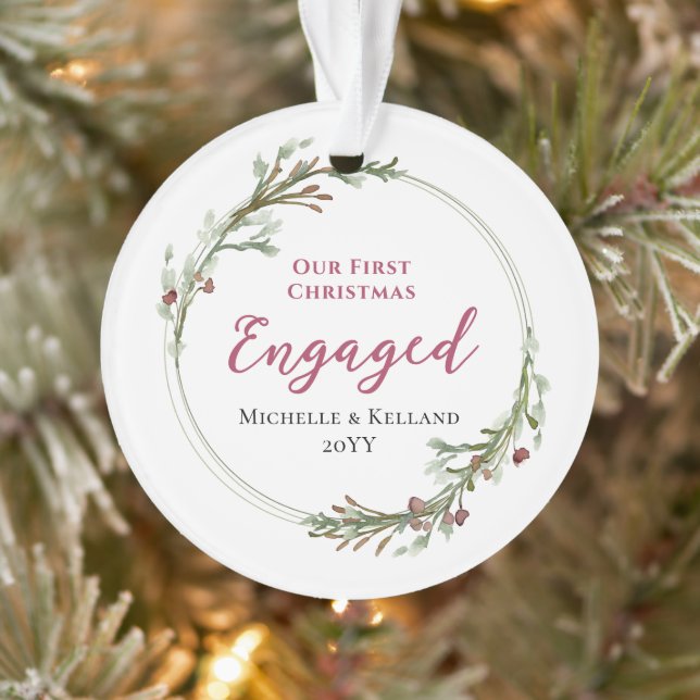 First Christmas Engaged Minimal Wreath Photo Ornament (Tree)