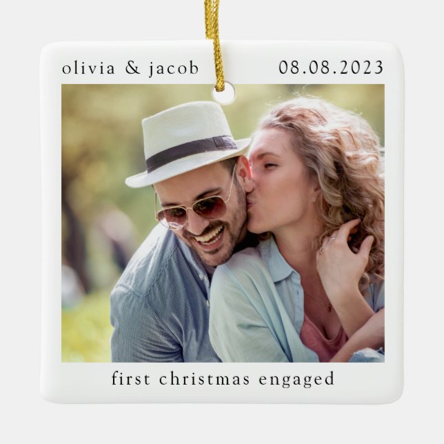 First Christmas Engaged Minimalist Photo  Ceramic Ornament (Front)