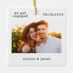 First Christmas Engaged Minimalist Photo Ceramic Ornament