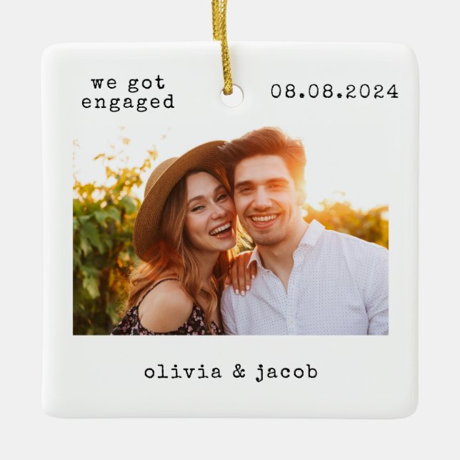 First Christmas Engaged Minimalist Photo Ceramic Ornament (Front)