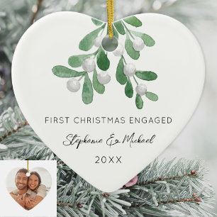 First Christmas Engaged Mistletoe Photo Ceramic Tree Decoration
