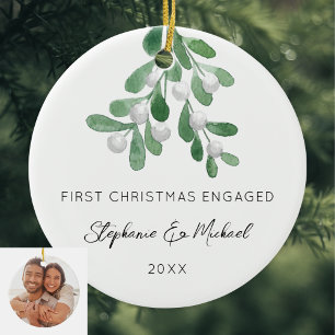 First Christmas Engaged Mistletoe Photo Ceramic Tree Decoration