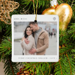 First Christmas engaged modern engagement photo Ceramic Ornament<br><div class="desc">Simple minimalist typography First Christmas engaged custom couple's photo,  names,  and year tree ornament.</div>