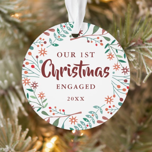 First Christmas Engaged Modern Floral Couple Photo Ornament (Tree)