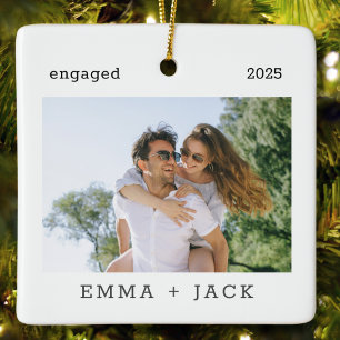 First Christmas Engaged Modern Minimalist Photo Ceramic Ornament