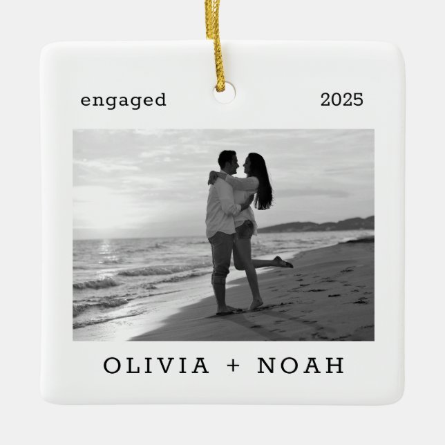 First Christmas Engaged Modern Minimalist Photo Ceramic Ornament (Front)