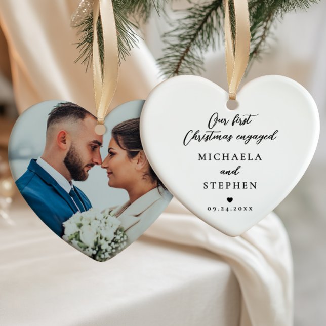 First Christmas Engaged Modern Minimalist Photo Ceramic Tree Decoration (Creator Uploaded)