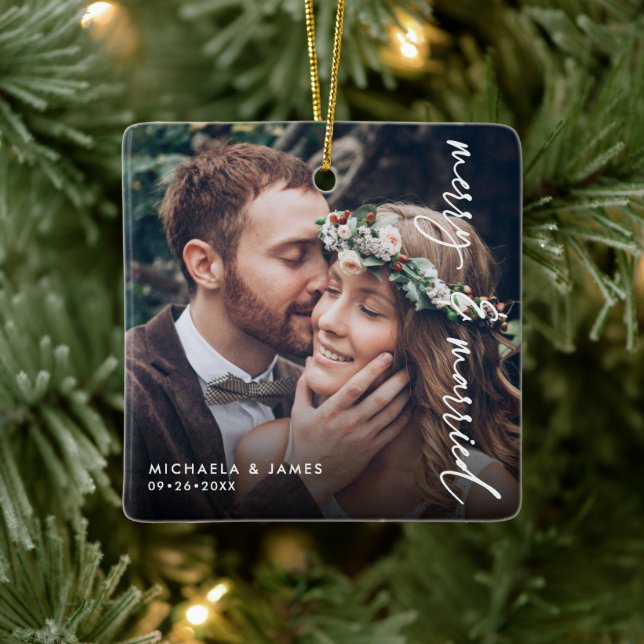 First Christmas Engaged Names & Date 2-Photo Ceramic Ornament (Tree)
