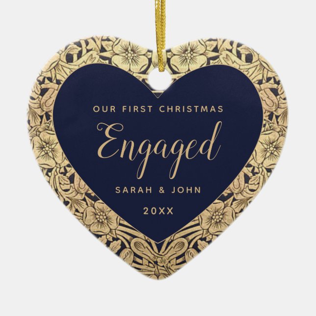 First Christmas Engaged Navy Blue Gold Roses Ceramic Tree Decoration (Front)