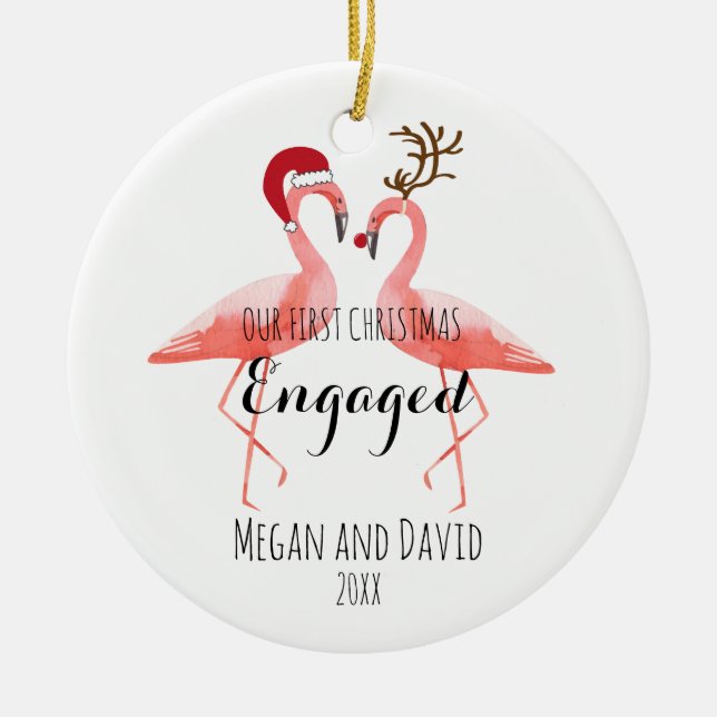 First Christmas Engaged or married funny flamingos Ceramic Tree Decoration (Front)
