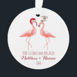 First Christmas engaged or married funny flamingos Ornament<br><div class="desc">Our first Christmas engaged or together or married featuring a couple of funny flamingos dressing up Santa hat and Rudolph red nose reindeer.
It's a template! Update with your names and year.</div>