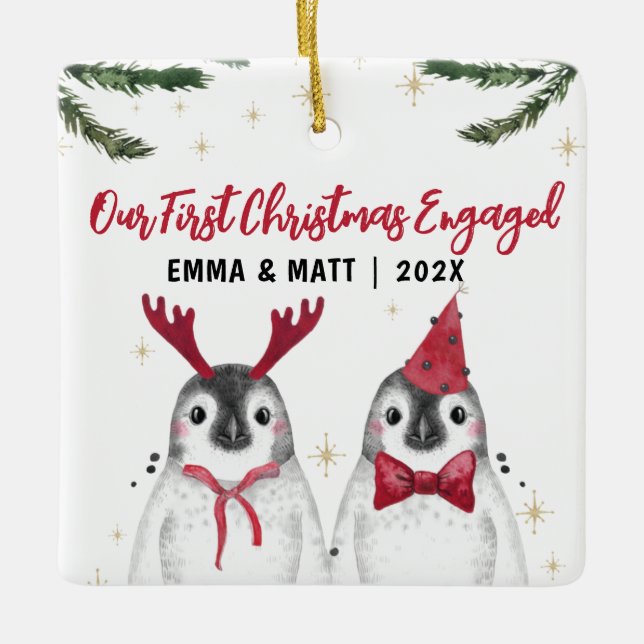 First Christmas Engaged or married funny penguins Ceramic Ornament (Front)