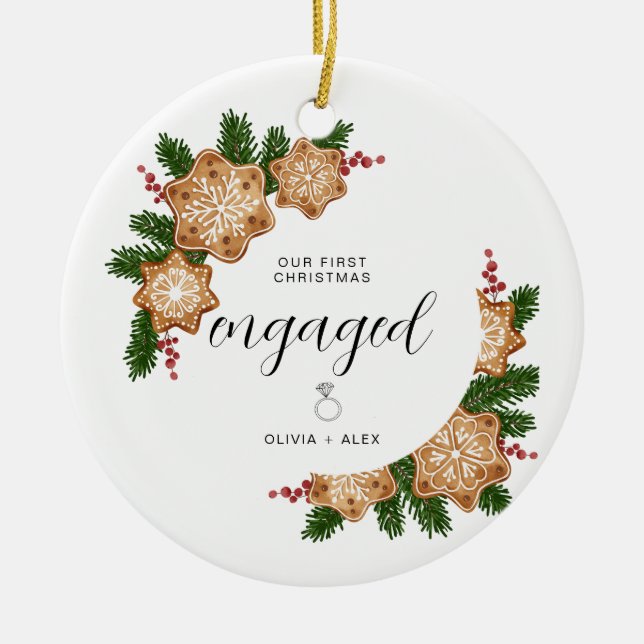 First Christmas Engaged Personalised Couple Gift  Ceramic Tree Decoration (Front)