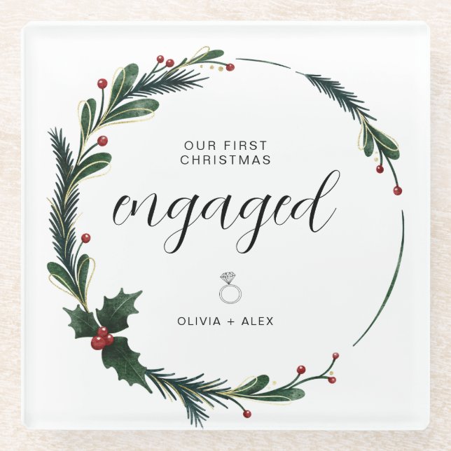 First Christmas Engaged Personalised Couple Gift  Glass Coaster (Front)