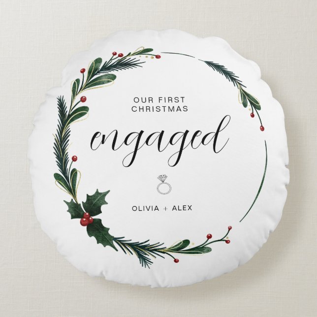 First Christmas Engaged Personalised Couple Gift  Round Cushion (Front)