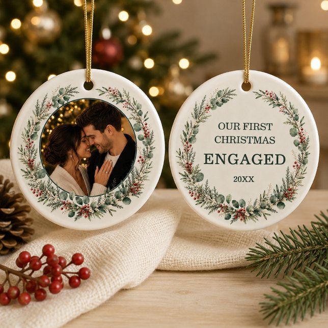 First Christmas Engaged Personalised Photo Ceramic Tree Decoration (Creator Uploaded)