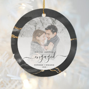 First Christmas Engaged Photo Black Agate Ceramic Tree Decoration