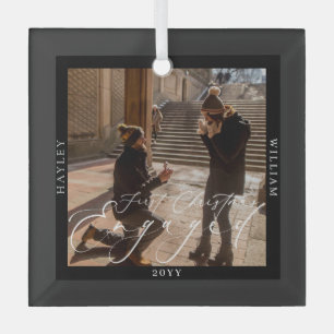 First Christmas Engaged Photo Black Glass Tree Decoration