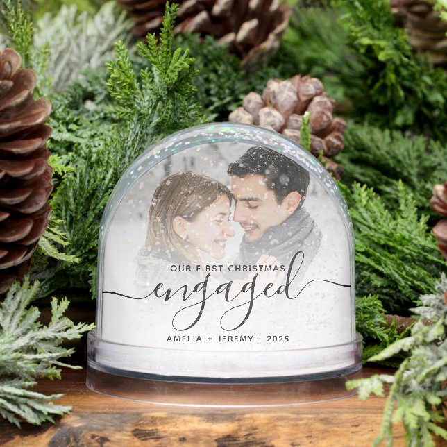 First Christmas Engaged Photo Black Script Snowglobe (Winter)