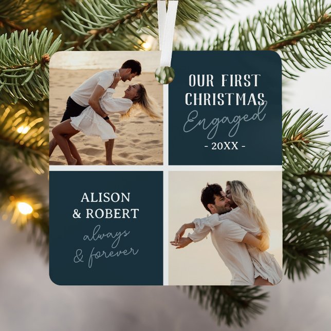 First Christmas Engaged Photo Blue Holiday Metal Tree Decoration (Creator Uploaded)