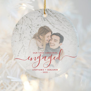 First Christmas Engaged Photo Bright Red Script Ceramic Tree Decoration