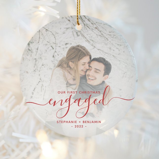 First Christmas Engaged Photo Bright Red Script Ceramic Tree Decoration (Creator Uploaded)