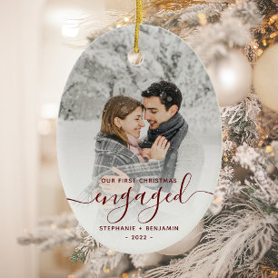 First Christmas Engaged Photo Burgundy Script Ceramic Tree Decoration