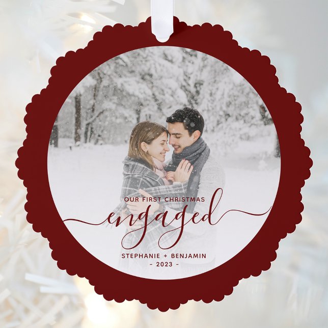 First Christmas Engaged Photo Burgundy Script Tree Decoration Card (Creator Uploaded)