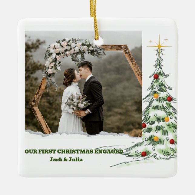 First Christmas Engaged Photo Ceramic Ornament (Front)