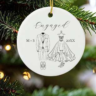 First Christmas Engaged Photo Dress Suit Shoes Ceramic Tree Decoration