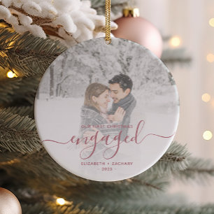 First Christmas Engaged Photo Dusty Rose Script Ceramic Tree Decoration