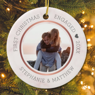 First Christmas Engaged Photo Elegant Pink Marble Ceramic Tree Decoration