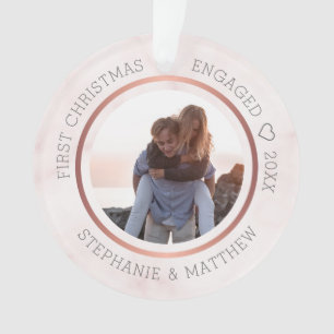First Christmas Engaged Photo Elegant Pink Marble Ornament