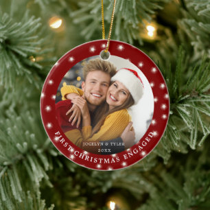 FIRST CHRISTMAS ENGAGED Photo Fairy Lights Red Ceramic Tree Decoration