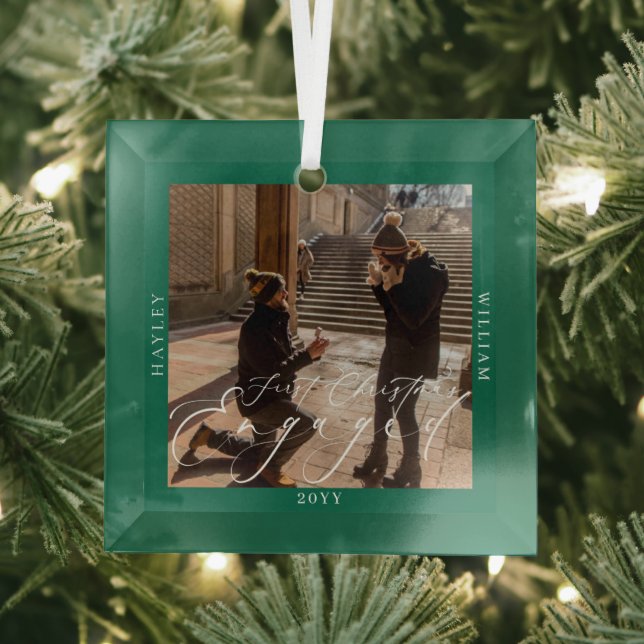 First Christmas Engaged Photo Green Glass Tree Decoration (Insitu)