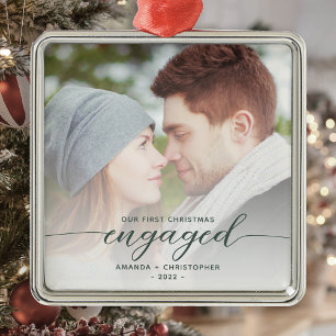 First Christmas Engaged Photo Green Modern Script Metal Tree Decoration