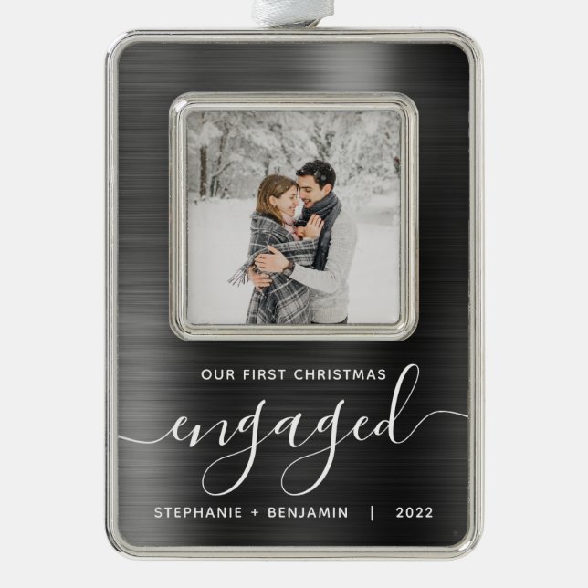 First Christmas Engaged Photo Grey Brushed Metal Silver Plated Framed Ornament (Front)