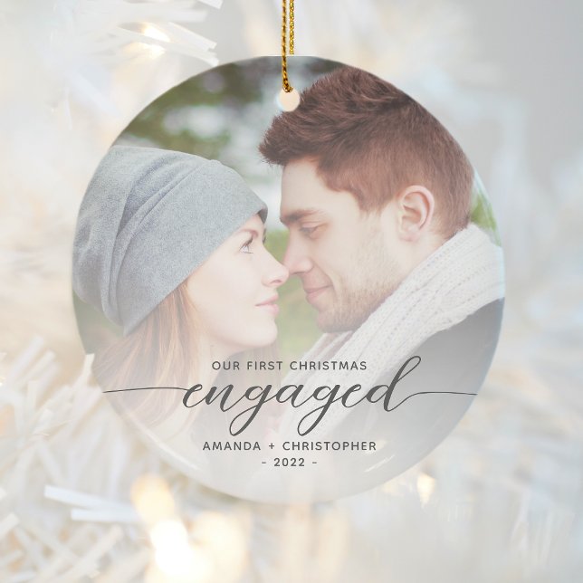 First Christmas Engaged Photo Grey Modern Script Ceramic Tree Decoration (Creator Uploaded)