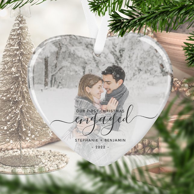 First Christmas Engaged Photo Grey Script Heart Ornament (Creator Uploaded)