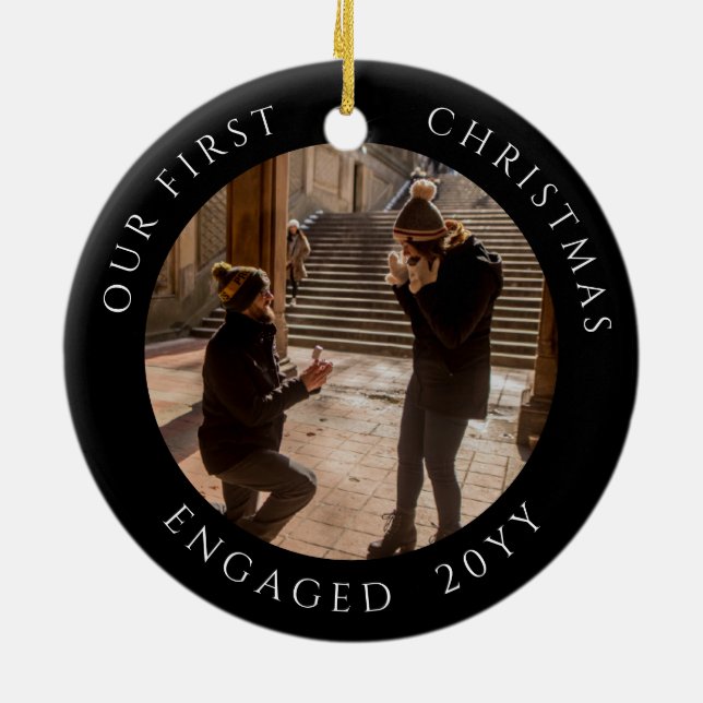 First Christmas Engaged Photo Keepsake Ceramic Tree Decoration (Back)