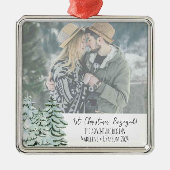 First Christmas Engaged Photo Metal Tree Decoration (Front)