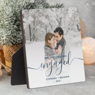 First Christmas Engaged Photo Metallic Blue Script Plaque