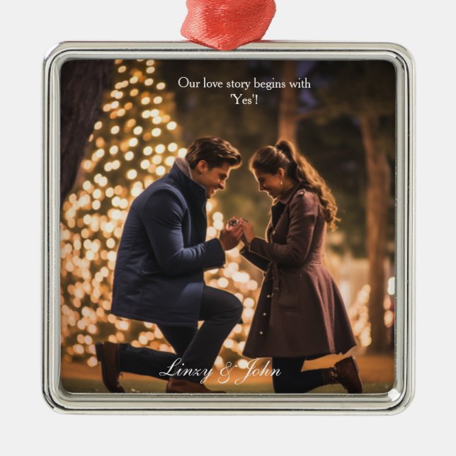 First Christmas Engaged Photo Minimalist Modern Metal Tree Decoration (Front)