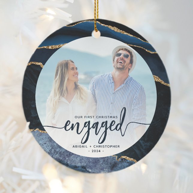 First Christmas Engaged Photo Navy Blue Gold Agate Ceramic Tree Decoration (Creator Uploaded)