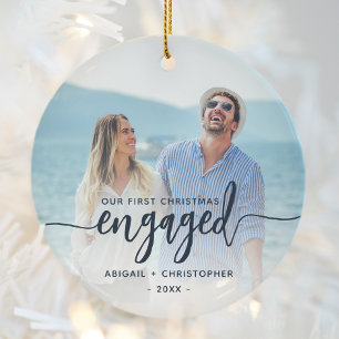 First Christmas Engaged Photo Navy Blue Script Ceramic Tree Decoration
