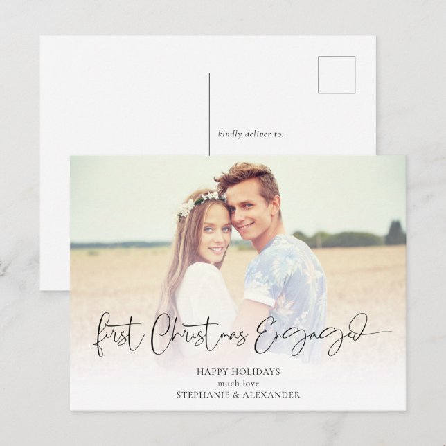 First Christmas Engaged Photo Overlay Names  Holiday Postcard (Front/Back)