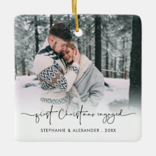 First Christmas Engaged Photo Overlay Names Year Ceramic Ornament